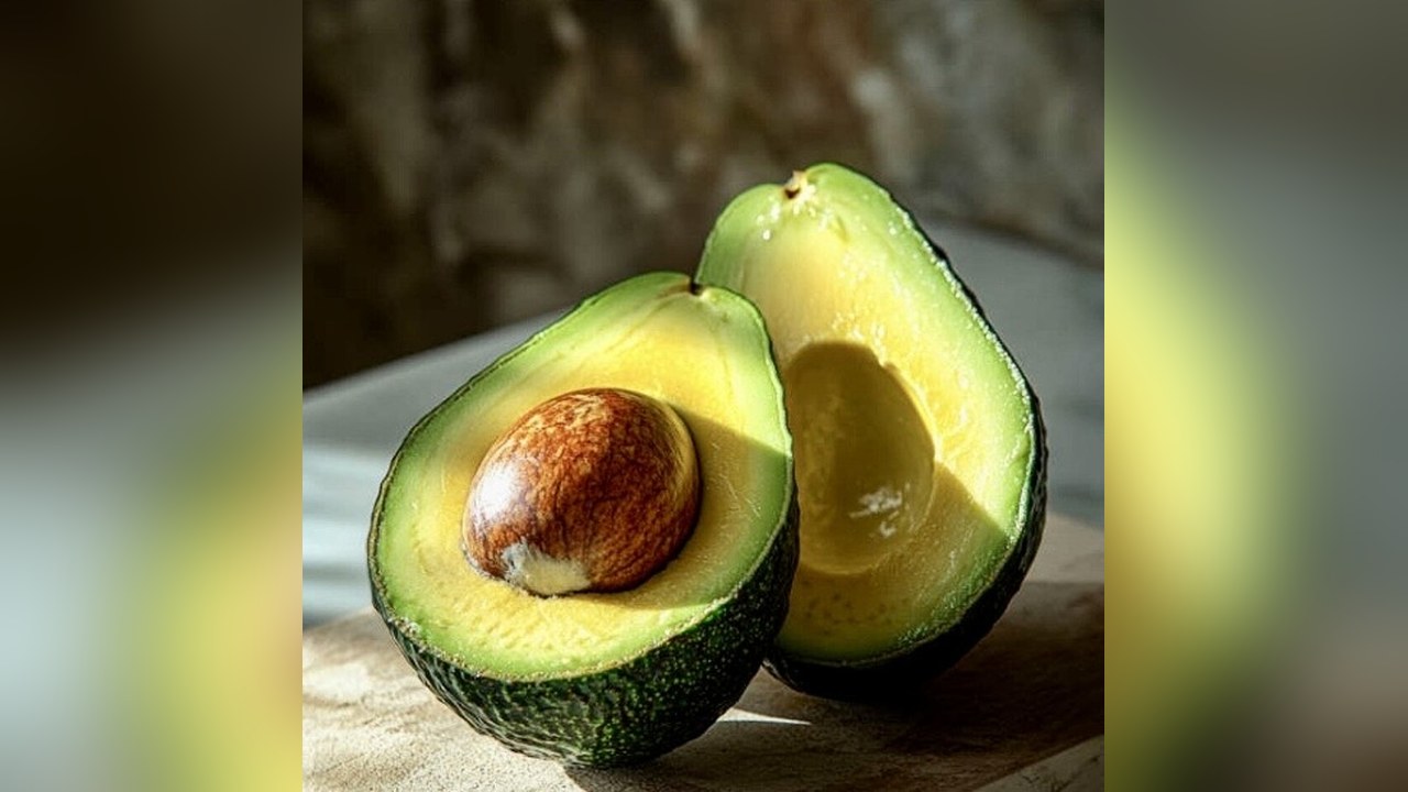 Dos mitades de un aguacate maduro con la pulpa expuesta junto al hueso marrón separado y la piel desechada sobre una superficie de piedra clara