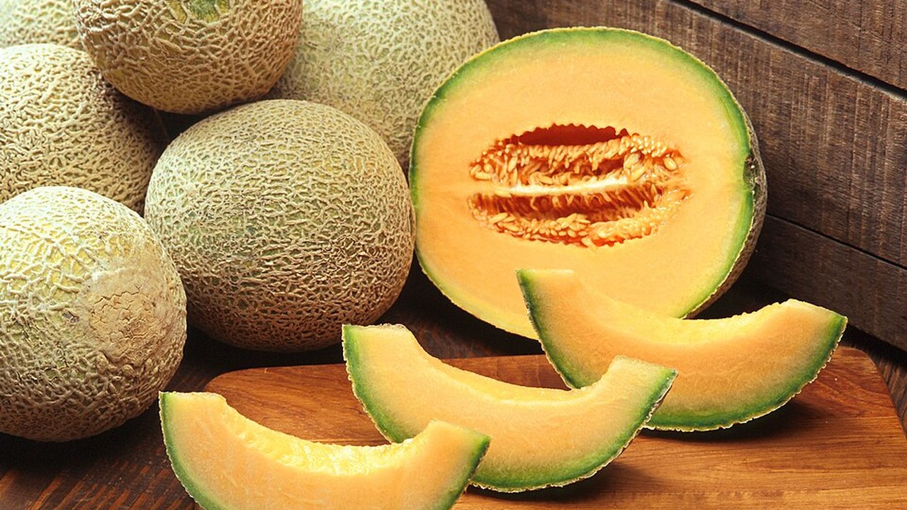 Cubos de pulpa de melón cantalupo preparada del tamaño de un bocado en un cuenco, sin la corteza