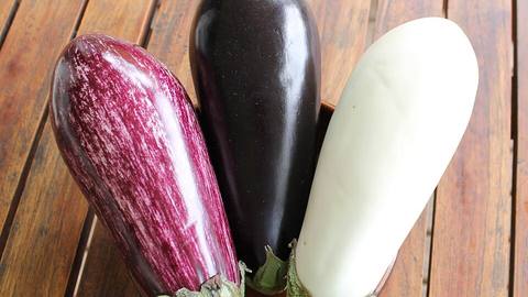 Three eggplants: striped purple, dark purple and white