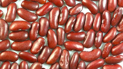 Dried red kidney beans spread out on white