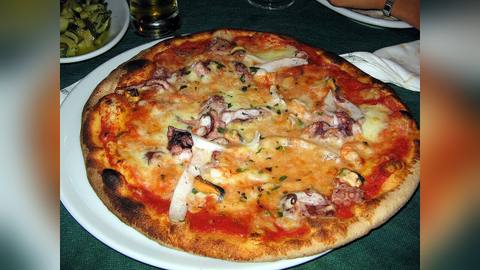 A pizza topped with seafood and cheese on a white plate
