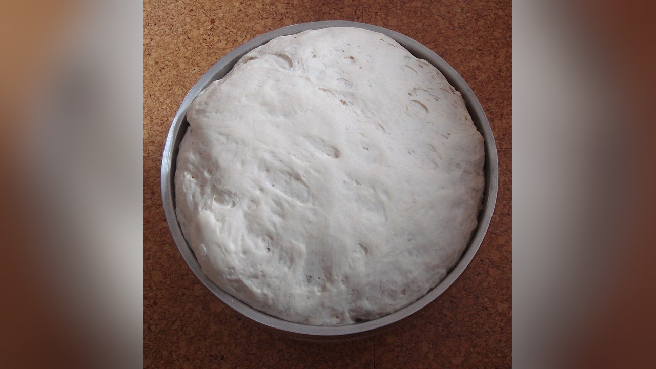 Masa de pan cruda levada en un bol de mezclar color crema sobre una superficie de madera en la cocina