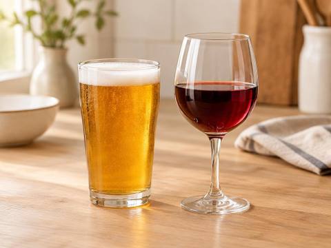 A glass of beer and a small glass of red wine on a wooden kitchen surface