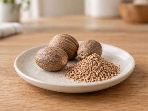 Whole nutmeg with a little ground nutmeg on a ceramic plate