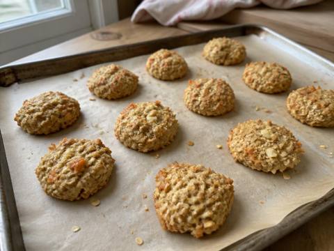 Una bandeja de pequeños premios caseros y rústicos de avena para perros con trocitos de zanahoria y manzana ralladas, enfriándose sobre papel de horno