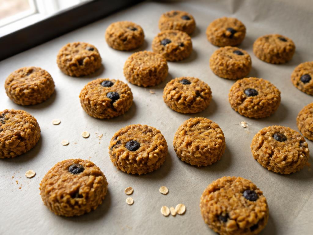 Small round baked pumpkin and oat dog treats with a few blueberry pieces, cooling on a parchment-lined tray