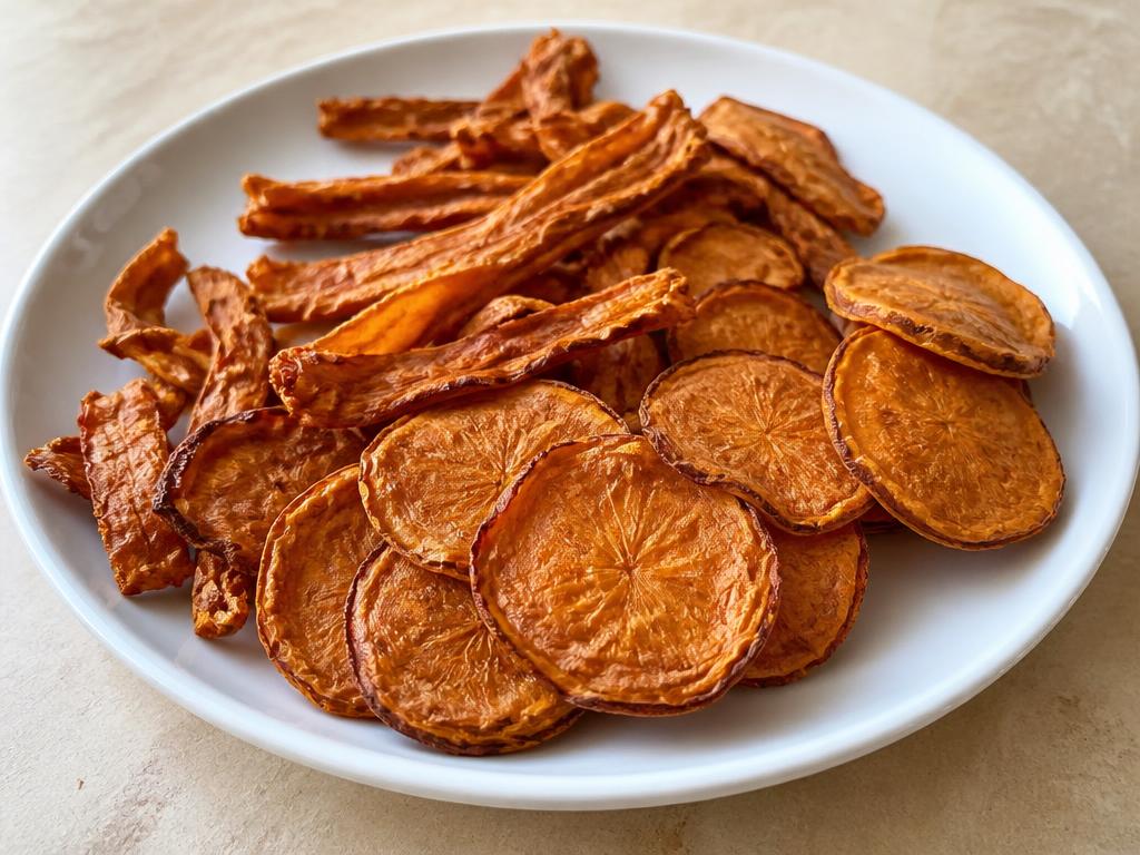 Kuivattuja bataatti-purupaloja, viipaloitu pyöreiksi ja suikaleiksi, valkoisella lautasella