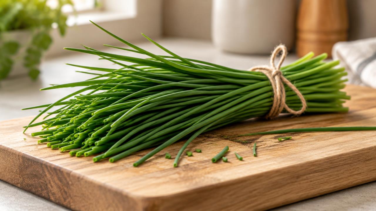 A bunch of fresh chives tied together on a wooden board