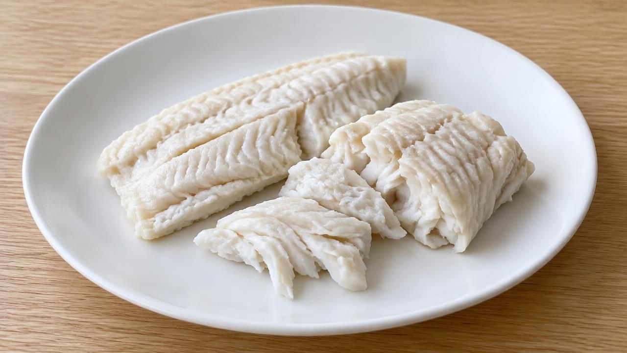 Pieces of plain cooked, skinless herring fillet without seasoning or sauce on a white plate.