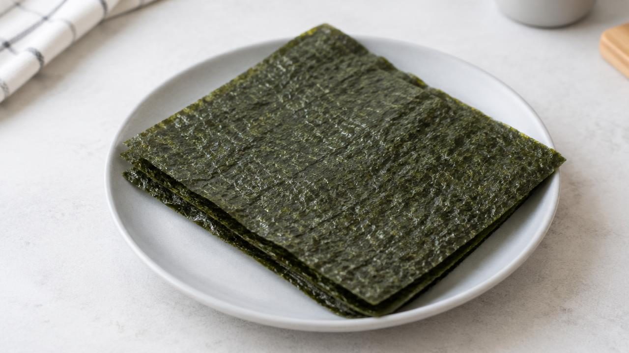A few plain dried nori seaweed sheets stacked on a light grey plate.
