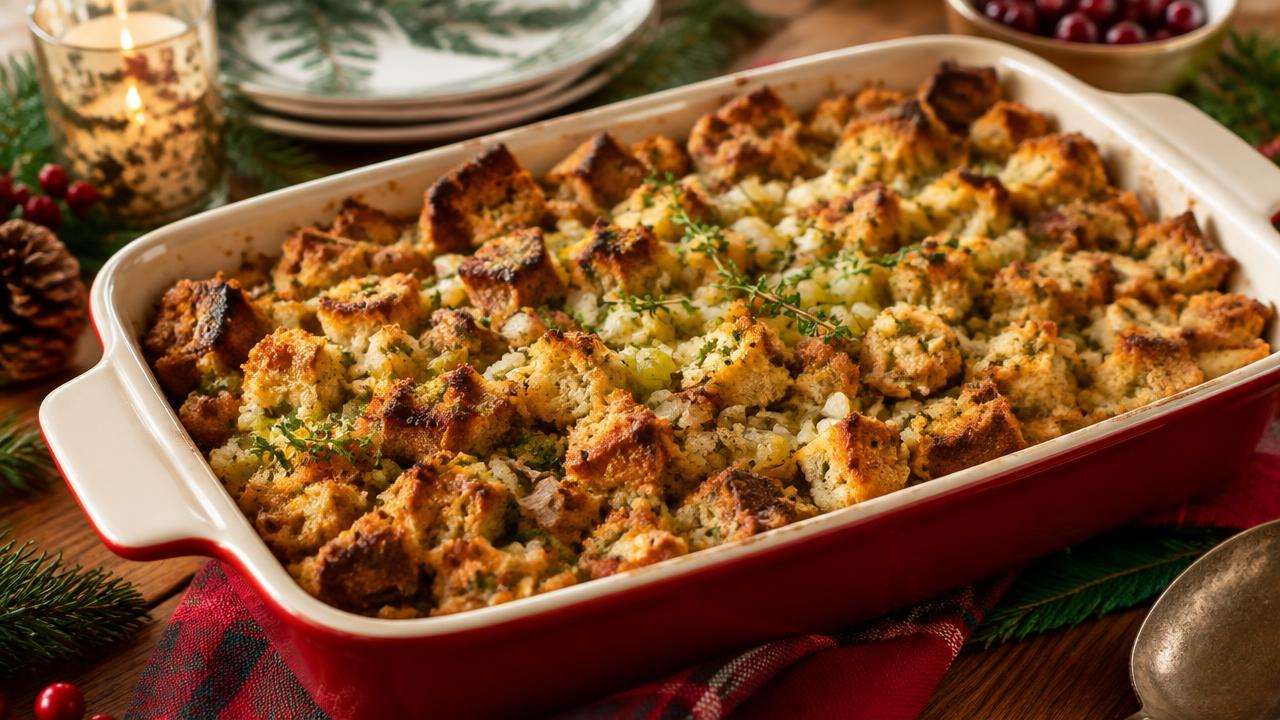 A dish of bread-based holiday stuffing with herbs, shown as a food not to share with dogs.